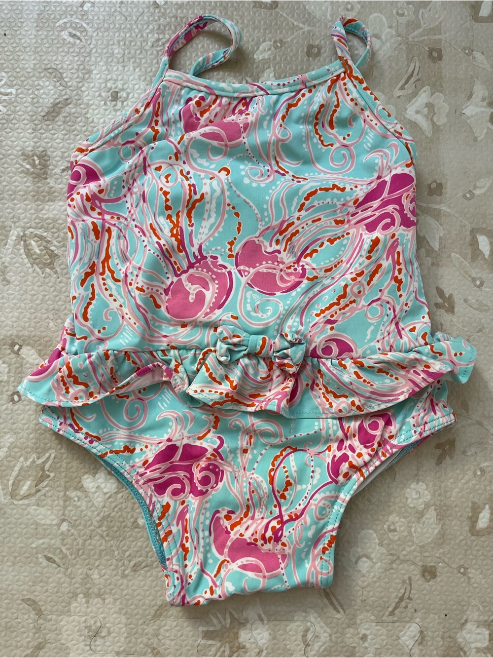 Lilly Pulitzer Girls' Aqua Pink Swirl Ruffle One-Piece Swimsuit